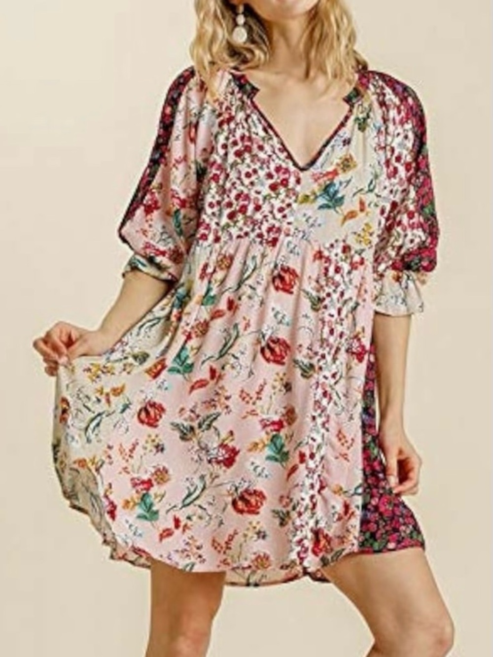 Umgee Pink Floral Patchwork Paisley Mixed Print Boho Babydoll Tunic Top Size:S